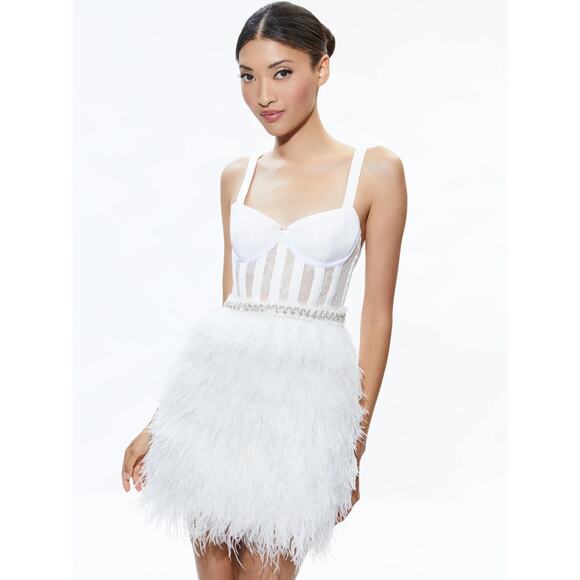 ALICE + OLIVIA XIA SHEER BUSTIER CRYSTAL FEATHERED MINI DRESS SIZE 0 XS WHITE - Picture 2 of 11